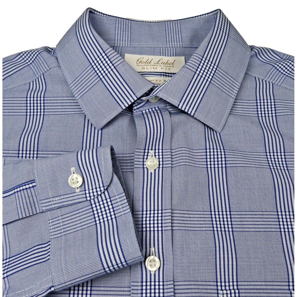 Roundtree & Yorke Gold Label Mens Shirt Sz 15.5 x32 Slim Fit Non-Iron Blue Plaid